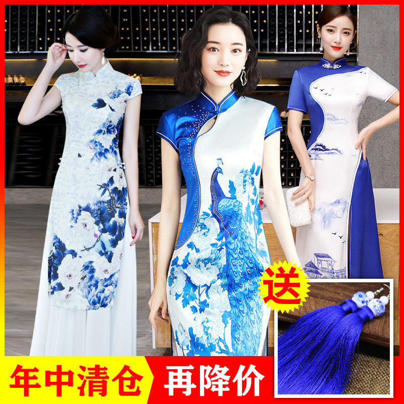 青花瓷旗袍走秀高端演出礼服改良连衣裙加长款礼仪迎宾女装中国风