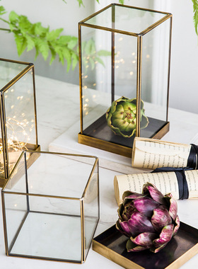 北欧景观玻璃罩几何透明摆件铜边套装 展示柜防尘罩样板房装饰