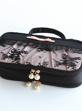 黑色蕾丝花边布艺双层手提化妆包旅行便携大容量多功能首饰收纳包