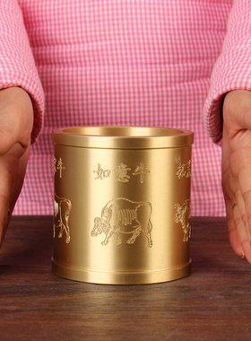 铜五牛图笔筒摆件 铜笔筒摆件 实心铜笔筒摆件