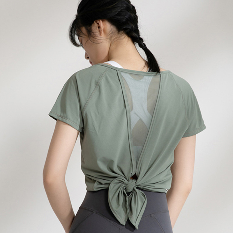 2020春夏新款瑜伽服女短袖t恤速干透气网纱宽松美V背瑜伽上衣薄款