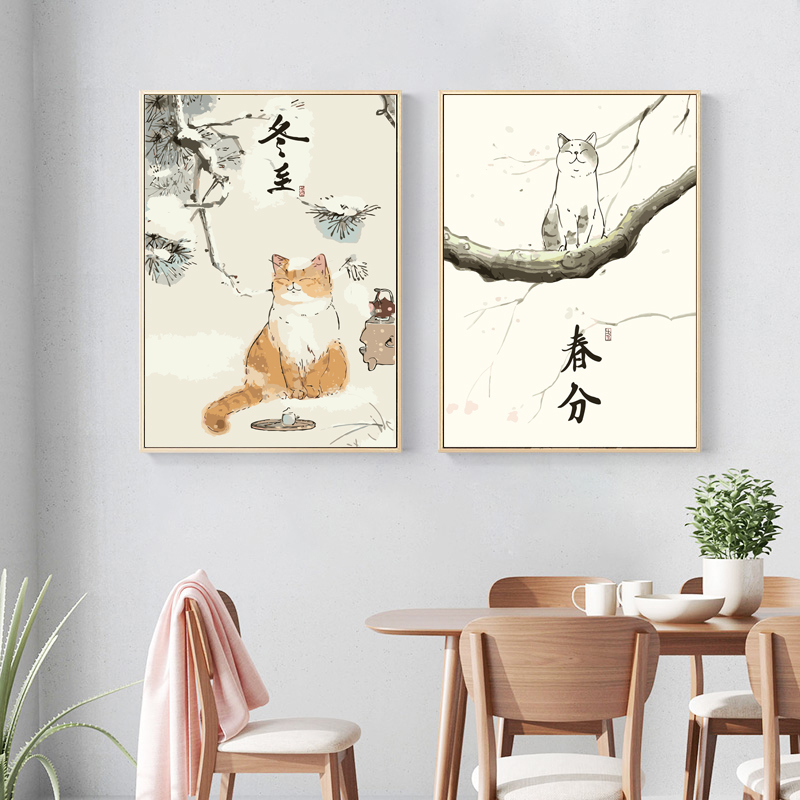 diy数字油画小众填色手绘油彩古风节气猫咪装饰画丙烯填充北欧画