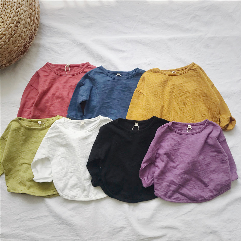 春秋款男童女童宽松版纯棉T恤宝宝韩版竹节棉打底衫儿童白色黑色