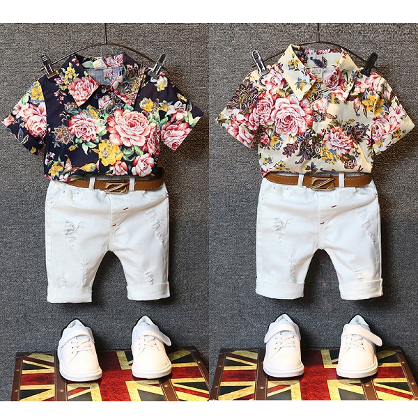 童装男童2021夏装新款小绅士2—7E岁翻领印花短袖衬衫百搭牛仔裤