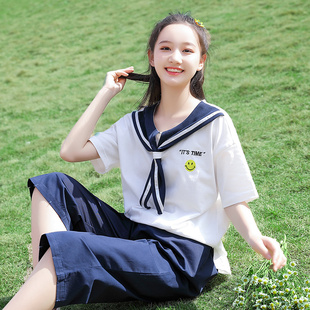 学生夏装女套装初中生学院风海军领新款高中生七分裤JK校服两件套