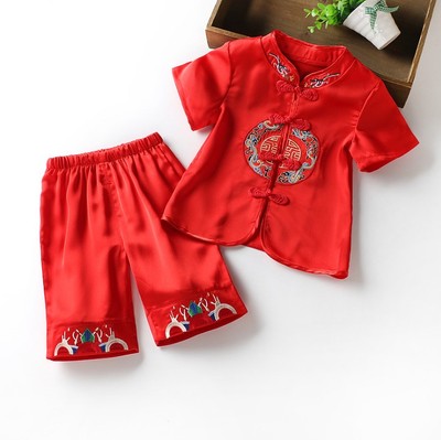 宝宝唐装夏季薄款纯棉婴儿红色衣服满月百岁服周岁礼服男女套装