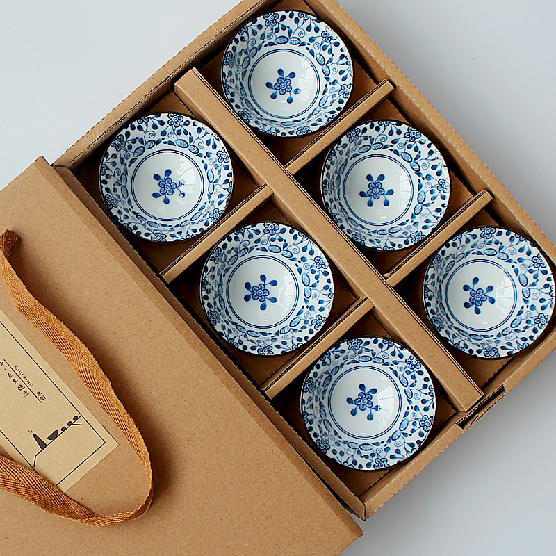 复古青花瓷茶杯子釉下彩陶瓷斗笠杯6只礼盒套装仿古茶盏大号茶碗