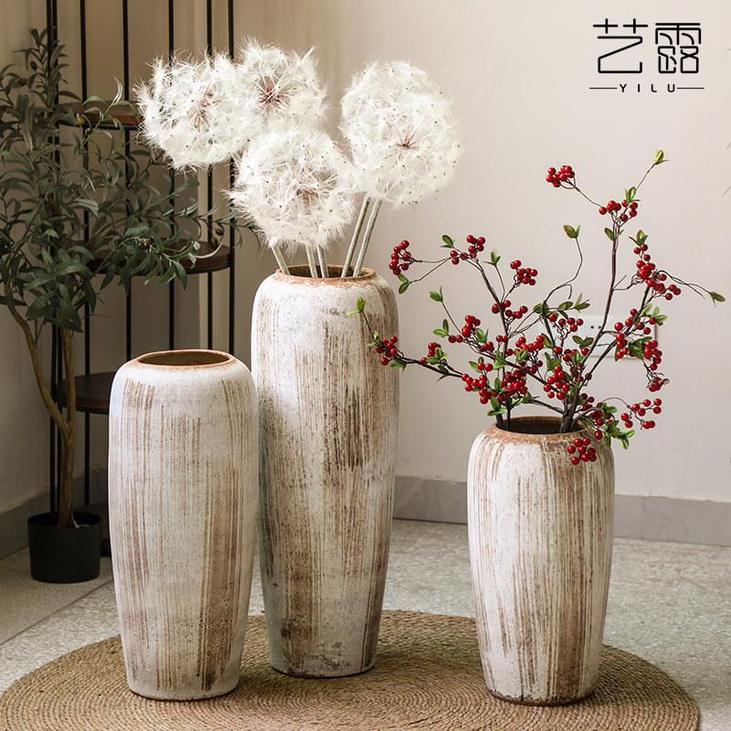 民宿客厅陶瓷枯木大花瓶侘寂赤贫风陶罐水培复古陶瓷落地花艺摆件