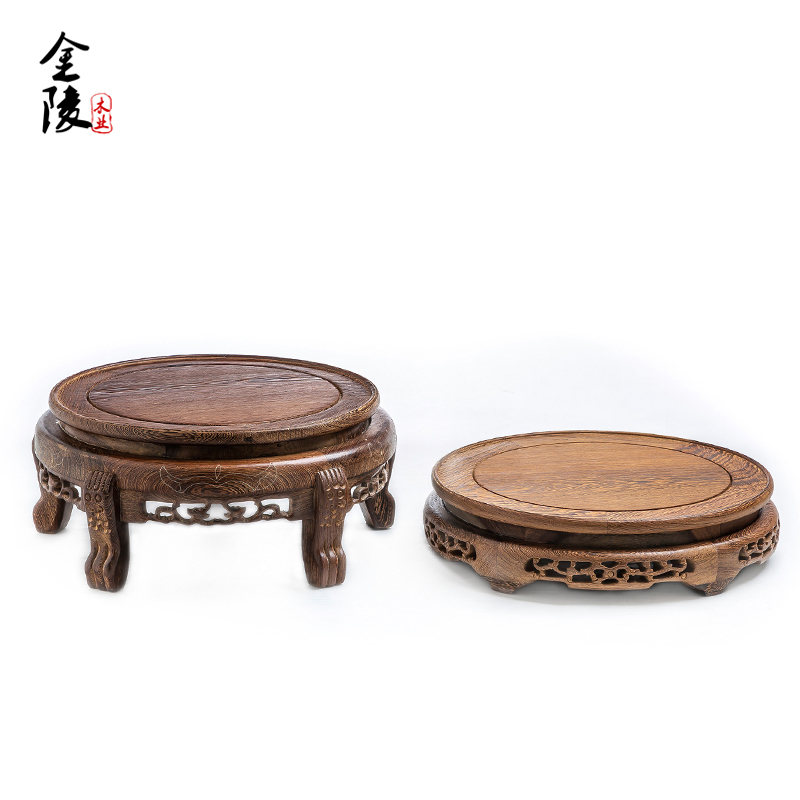 鸡翅木新款花瓶摆件实木高脚圆形花盆陶瓷鱼缸奇石头盆景底座木托