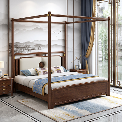 新中式实木架子床胡桃木带蚊帐架高端民宿主卧大床高箱储物床别墅