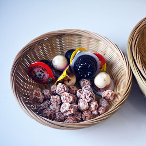 竹编制品家用水果篮圆形竹筐沥水簸箕收纳小篮子零食馒Z头框小箩