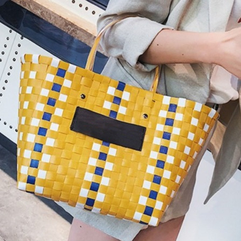 2021新款热卖手l编包大容量撞色编织菜篮子包购物包宠物篮手提篮