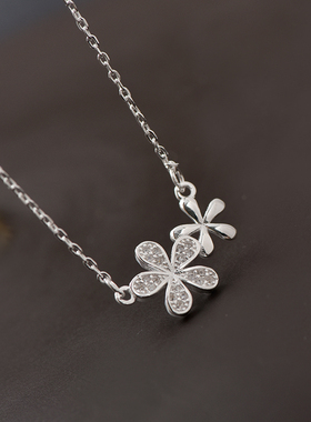 999纯银项链女时尚个性清新文艺气质锁骨短链花朵2021新潮款镶钻