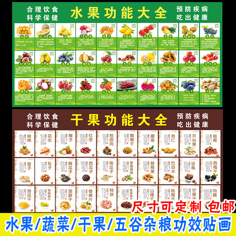 新品水果蔬菜干果五谷杂粮功效大全营养介绍超市广告画墙贴纸包邮