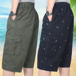 宽松大码 松紧腰休闲中裤 纯棉七分裤 男中老年男士 夏季 全棉马裤 短裤