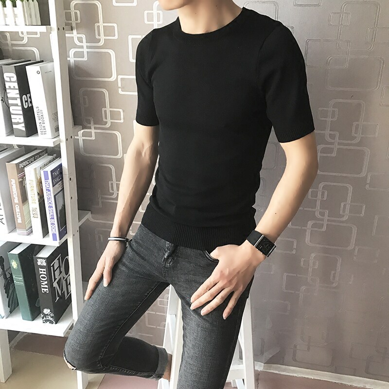 夏季冰丝薄款短袖针织t恤衫男圆领修身纯色打底毛衣潮流半袖线衣