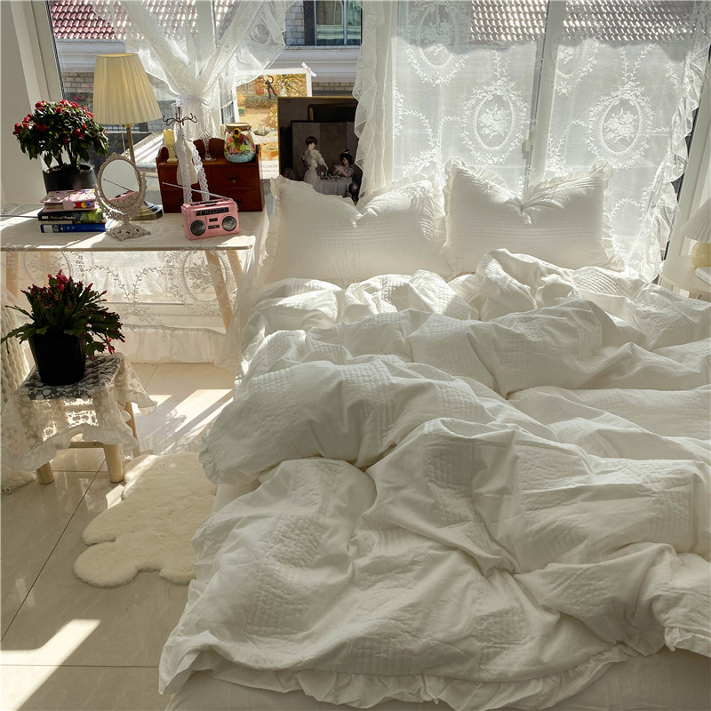 韩式公主风纯棉夹棉床上四件套 白色床单被套 四季多功能床盖夏被