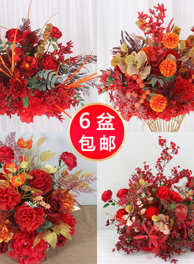 婚庆路引花大红系盆花T台舞台背景迎宾花艺婚礼堂花点高档宴会厅