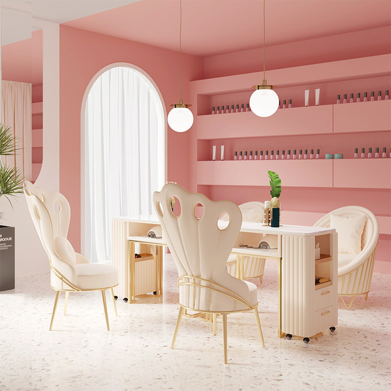 北欧轻奢孔雀椅子网红大理石美甲桌椅套装组合美甲桌单双人修甲台