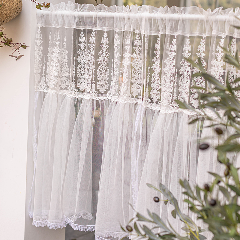 法式轻奢白色蕾丝短帘厨房免打孔半帘小清新纱帘隔断门帘飘窗窗帘