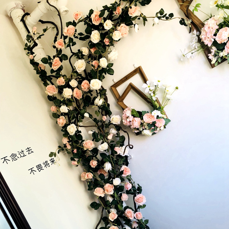 仿真玫瑰花藤空调管道遮挡藤塑假藤蔓串花吊顶缠绕假花藤条