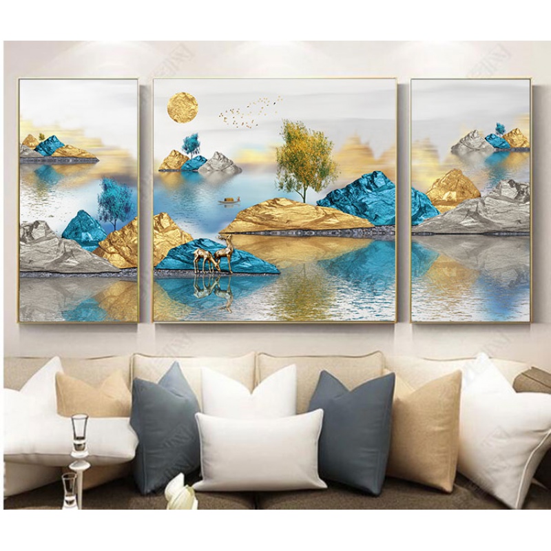 三联招财麋鹿新中式客厅金色装饰画现代简约轻奢大气自粘壁画图片