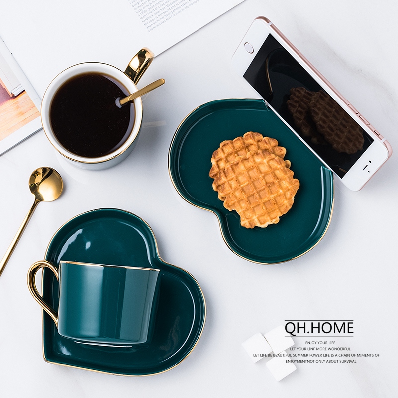 欧式家用小奢华墨绿咖啡杯碟套装简约下午茶陶瓷杯子带勺子拿铁杯