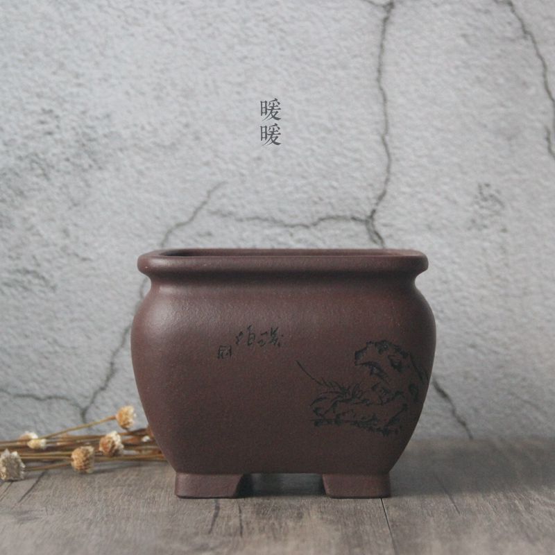 精品紫砂花盆束口四方盆刻绘菖蒲盆盆景盆绿植文竹盆栽带底座