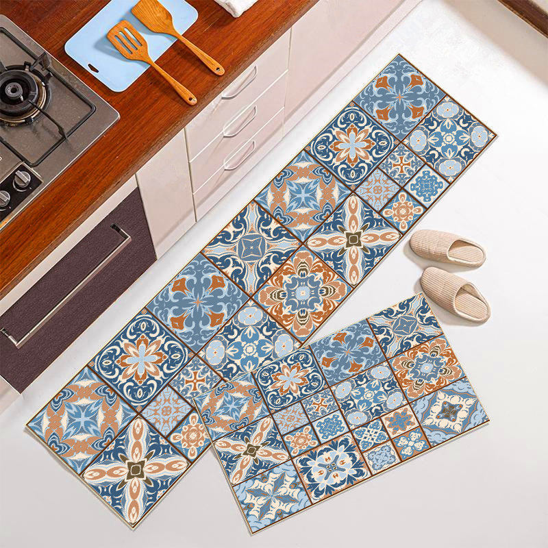 美式花砖厨房地垫防油o防水可擦免洗家用长条pvc防滑进门垫可裁剪