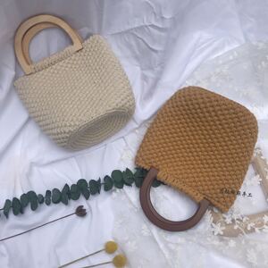 米粒麻麻手工 diy编织手提包木质手提包编织P手工包打发时间毛线