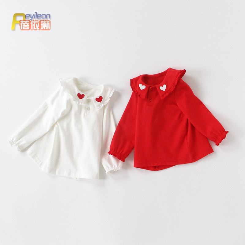 小童女宝宝红色长袖T恤春秋款薄款打底衫娃娃领婴儿公主秋装洋气