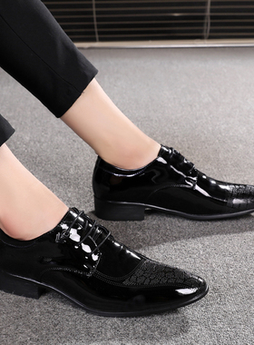 韩版男尖头皮鞋潮流发型师商务正装英伦风亮皮时尚皮鞋系带男婚鞋