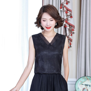 大码 真丝打底背心无袖 宽松 V领吊带衫 花罗香云纱背g心短款