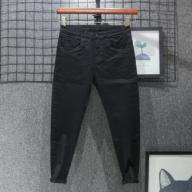帅气夏季薄款 黑色九分牛仔裤男长裤修身小脚裤弹性潮流百搭裤子