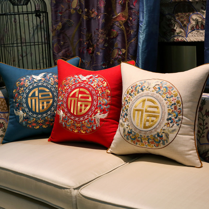 中式棉麻刺绣抱枕红木q沙发靠垫套中国风客厅实木家具靠枕床头腰