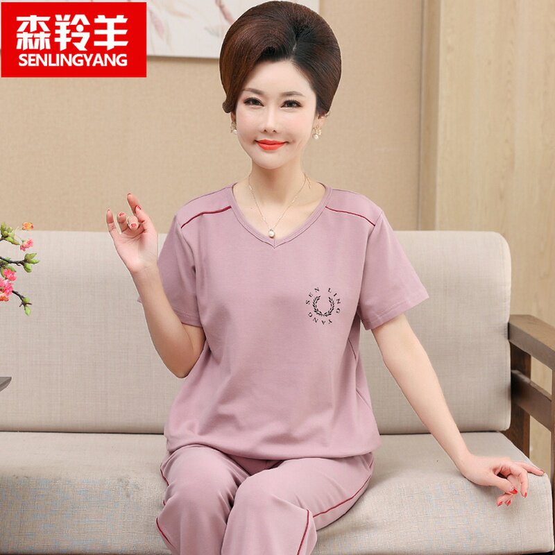 女士睡衣夏短袖长裤套装纯棉薄款夏天中老年人妈妈婆婆可外穿套头