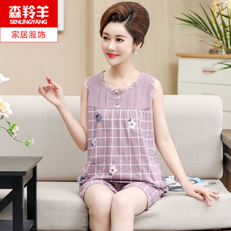 夏季妈妈纯棉背心睡衣套装中老年女士夏天薄款无袖短裤休闲家居服