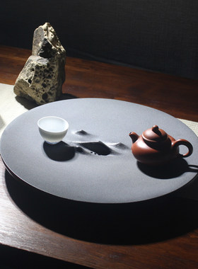 天然乌金石茶盘圆形小型茶盘小号石茶创意大理石茶