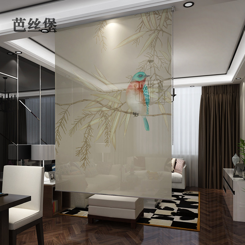 中式客厅卷帘软隔断悬挂式屏风玄关E卧室窗帘办公免打孔安装遮光