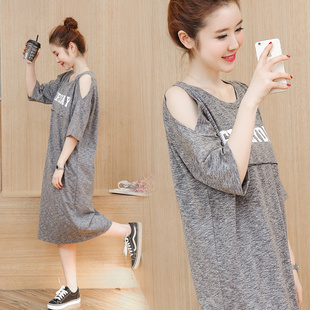 孕妇夏装外出哺乳裙上衣大码夏季韩版孕妇连衣裙T恤潮妈长裙春装
