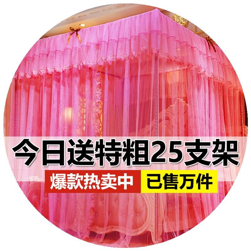 简约加密蚊帐少女心公主粉色卧室新款风带支架落地新房床罩防蚊子
