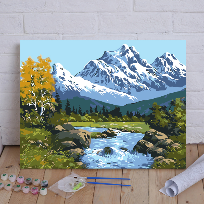 diy数字油画山水风景手工填色装饰画雪山映湖客厅卧室手绘油彩画