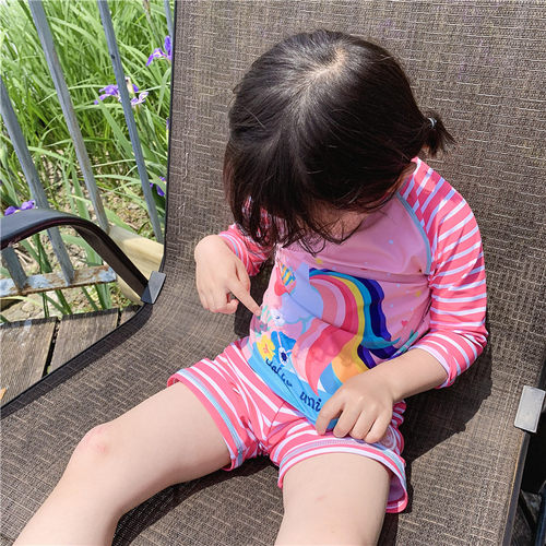 韩国儿童泳衣宝宝婴n幼儿小中童女冲浪服拉链分体泳装带帽三件套