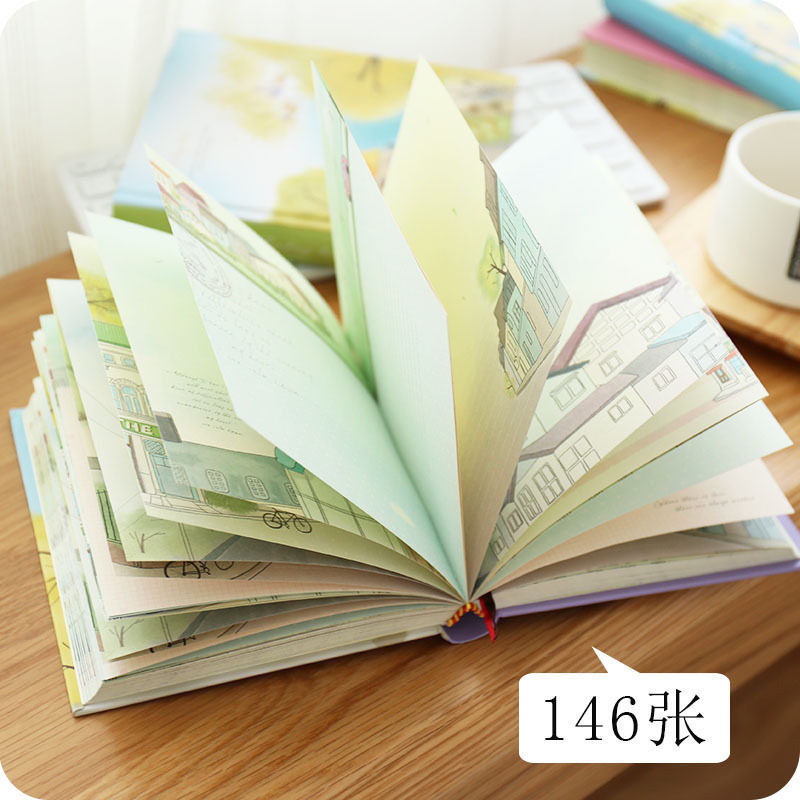 包邮 手绘彩页插画加厚精装本子 小清新彩色日记手帐本笔记本文具