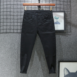 帅气夏季薄款 黑色九分牛仔裤男长裤修身小脚裤弹性潮流百搭裤子