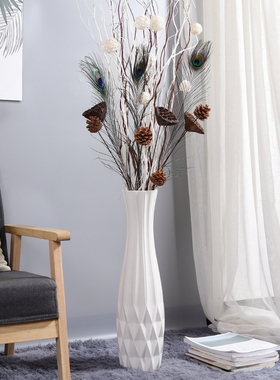 陶瓷白色落地高花瓶摆件大号客厅干花插花现代创意玄关插花器