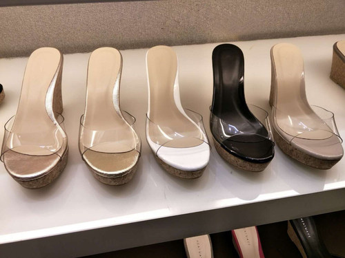 夏季新款坡跟拖鞋女木纹透明w鱼嘴凉鞋女高跟松糕底防水台沙滩女