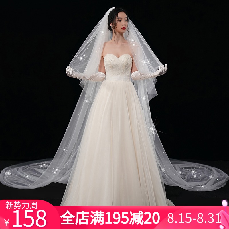 头纱新娘主e婚纱头纱头饰超仙森系森系网红拍照道具长拖尾头纱配