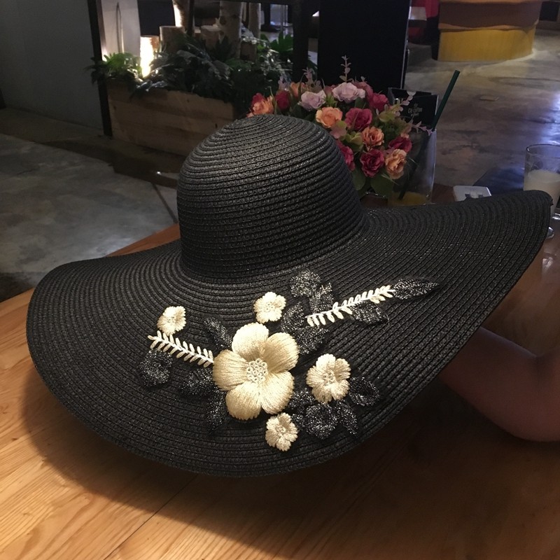草帽女夏天超大帽檐黑色沙t滩帽刺绣花朵大檐帽防晒遮阳度假太阳