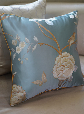 蓝色红木沙发靠垫抱枕绣花靠枕床头大靠I背套新中式芯床头靠包腰